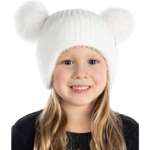 Kids Beanie with Earflaps Faux Fur Double Pom Pom, Warm Winter Beanies
