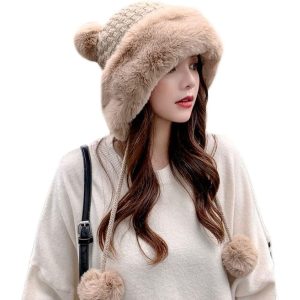 Women's Fluffy Knitted Hat Warm Braided with Pompom Outdoor Earmuffs